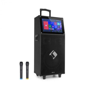 Auna KTV, karaoke systém, 15,4" dotykový display, 2 UHF mikrofony, WiFi, BT, USB, SD, HDMI, vozík