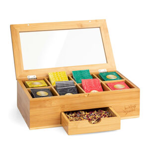 Klarstein Krabička na čaj s extra přihrádkou, 8 vnitřních přihrádek, 120 čajových sáčků, plastové okénko, bambus