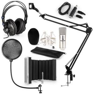 Auna CM001S mikrofonní sada V5 sluchátka, USB panel, mikrofonní rameno, pop filtr, panel, stříbrná barva